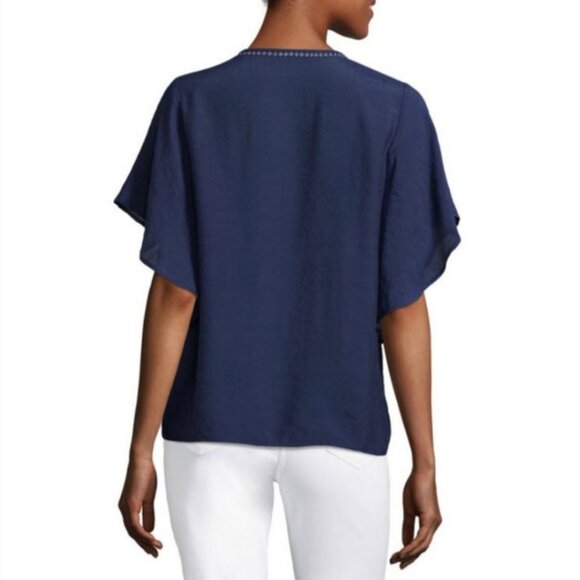 Liz Claiborne Navy Flutter Sleeve Peasant Top - Picture 2 of 7